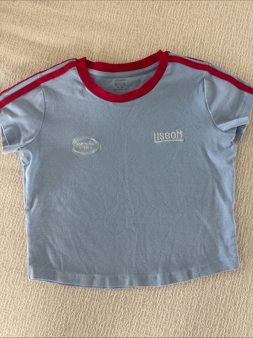 Cotton On Light Blue Crop Tee with Red Trim